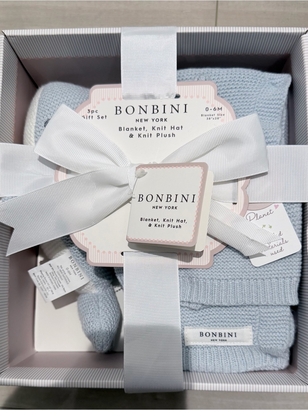 Bonbini New York Baby Knit Blanket & Hat Set - Light Blue